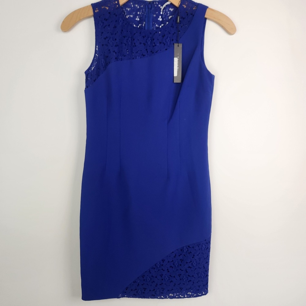 Tahari Sleeveless Blue Bodycon Lace Detail‎ Dress Size 4